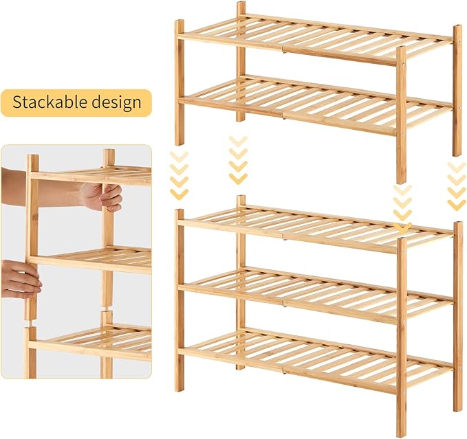 6-Tier Bamboo Shoe Rack for Entryway, Stackable | Heavy Duty | Multi-Function, Free Standing Shoe Racks for Bedroom Hallway Closet