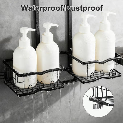 Shower Caddy Hanging Organizer, Rustproof Over Shower Head Caddy Holder with Hooks for Razor/Sponge, No Drilling Bathroom Racks Bath Storage Shelves for Shampoo Soap Towels, Black