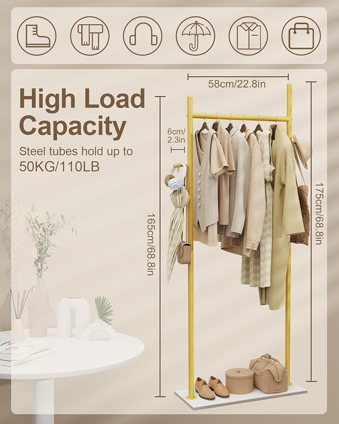 Large Metal Coat Rack Freestanding, Modern Coat Hanger Stand with 2 Hooks and Heavy Rock Slab Base, Industrial Clothing Rack, Coat Stand, 25.6 x 11.8 x 68.9 In, Golden Yellow, GYJ202LWJ