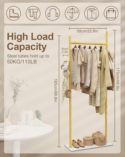 Large Metal Coat Rack Freestanding, Modern Coat Hanger Stand with 2 Hooks and Heavy Rock Slab Base, Industrial Clothing Rack, Coat Stand, 25.6 x 11.8 x 68.9 In, Golden Yellow, GYJ202LWJ