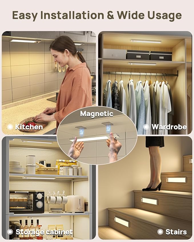 Under Cabinet Lighting with Remote Control,2500mAh USB Rechargeable Motion Sensor Light Indoor,350 Lumen LED Closet Light,3 Color Temps Wireless Under Counter Lights for Bedroom,Wardrobe,Stairs,6 Pack