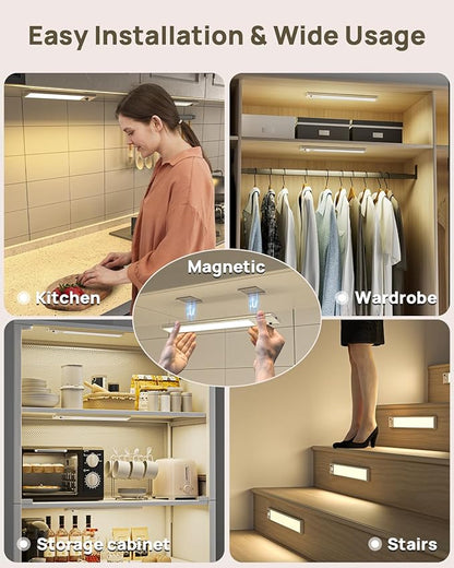 Under Cabinet Lights Wireless,12" Motion Sensor Light Indoor with Remote Control,2500mAh LED Rechargeable Battery Operated Closet Light,3 Color Temps,Under Counter Lights for Kitchen,Stairs,Hallway