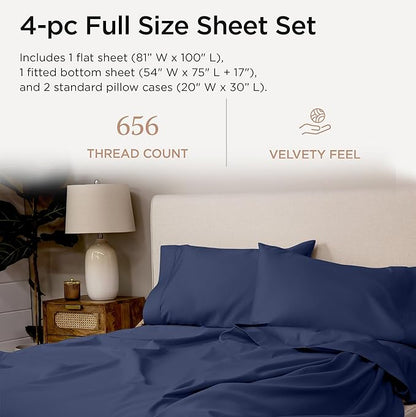 Threadmill Full Size Luxury Sheets | 656 Thread Count Supima Cotton Sateen Sheets | 4 Piece Set with Extra Deep Pocket | Folkstone Blue