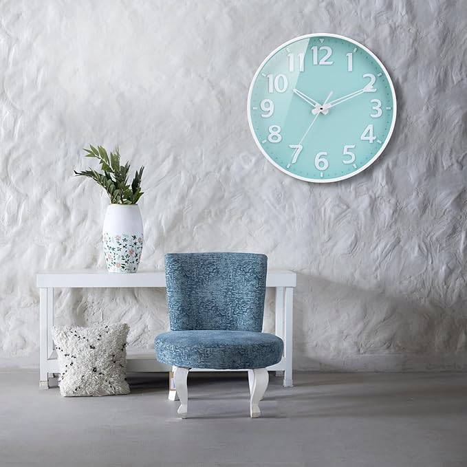 Wall Clock 12 Inch 3D Large Number Battery Operated Silent Non-Ticking Wall Clock Modern Quartz Design Decorative Indoor Bedroom Kitchen Office Classroom Mint Green