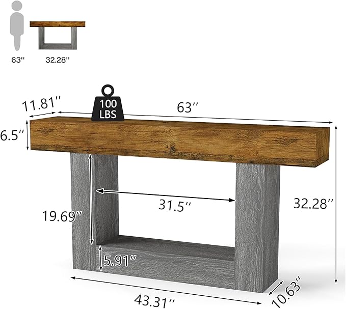 Vibe & Dine 63" Entryway Table, Farmhouse 2-Tier Console Table with U-Shaped Base, Narrow Long Wood Couch Table Behind Sofa for Living Room, Hallway, Foyer, Dark Gray