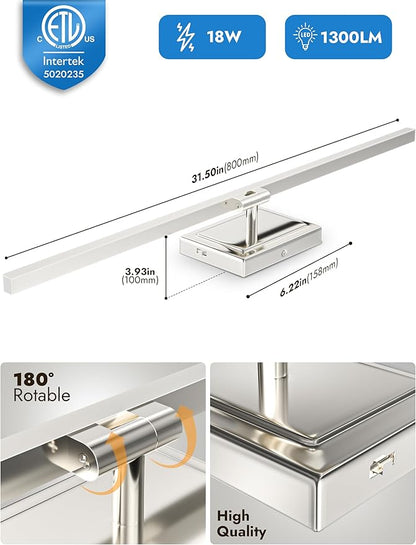 NIORSUN 31.5 Inch Modern Bathroom Light Fixture, 18W 5CCT Dimmable LED Chrome Bathroom Vanity Lights Over Mirror, Vanity Lights for Bathrooms Restroom Mirror- ETL Certified