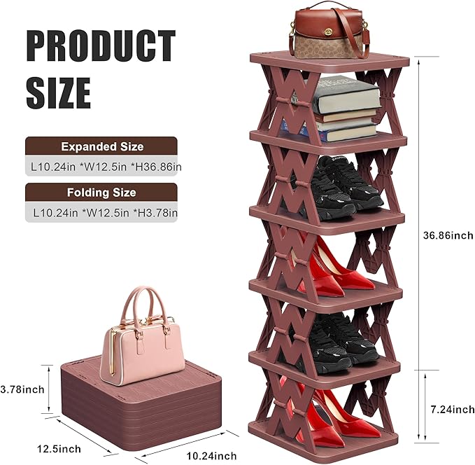 Small Shoe Rack, 6 Tier Foldable Shoe Organizer Without Assembly, Fake Wood-Pattern Match Floor Well, for Entryway, Front Door Entrance, Bedroom, Brown