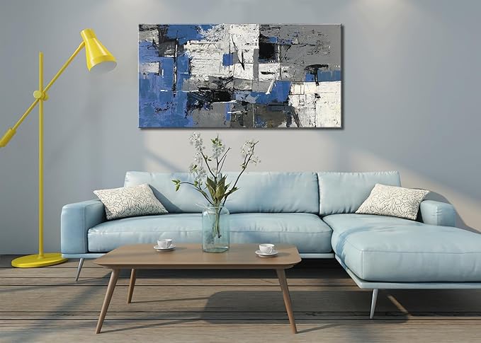 weiyiart Modern Abstract Wall Art – Blue Gray White Canvas Painting, Large 24"x48" Landscape Artwork for Living Room, Bedroom, Bathroom Office – Ready to Hang