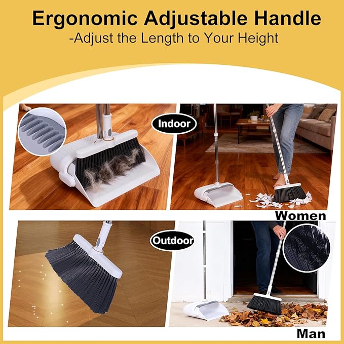 Upgrade Broom with Dustpan Combo Set Heavy Duty, Ergonomic Adjustable Handle, Cleaning Teeth, Ideal for Pets, Indoor and Outdoor Sweeping（White）