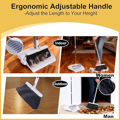 Upgrade Broom with Dustpan Combo Set Heavy Duty, Ergonomic Adjustable Handle, Cleaning Teeth, Ideal for Pets, Indoor and Outdoor Sweeping（White）