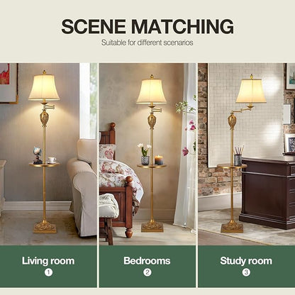 Traditional LED Floor Lamp with 350° Adjustable Swing Arm Lamp – Vintage Standing Pole lamp for Living Room, Bedroom and Office – Rustic Upright Floor Light for Home Décor with Silk Fabric Shade