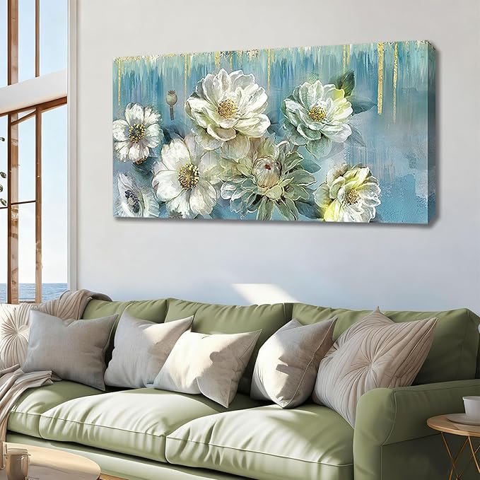 Ardemy Floral Canvas Wall Art for Living Room Large Magnolia White Flowers Teal Pictures Wall Decor Textured Painting ModernTurquoise Artwork Bathroom Bedroom Dining Room Home Office, 40"x20"