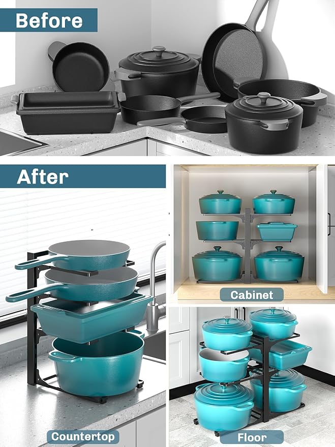 MUDEELA 6-Tier Pots and Pans Organizer Rack for Kitchen Cabinet Storage and Organization, Heavy Duty Pot and Pan Organizer under Cabinet, Adjustable Pot Organizer Rack