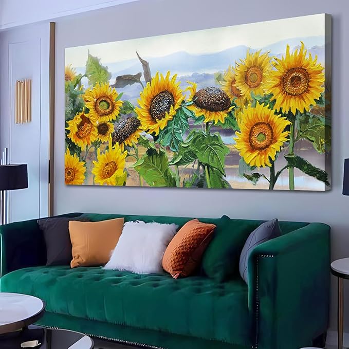 Ardemy Sunflower Wall Art Canvas Flowers Yellow Picture Rustic Floral Field Landscape Painting, Countryside Framed Artwork for Living Room Bedroom Dinnng Room Office Home Decor, Extra Large 58"x29"