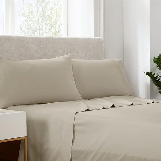 Serta Simply Clean Super Soft Hypoallergenic Stain Resistant Deep Pocket 4 Pieces Solid Bed Sheet Set, King, Khaki
