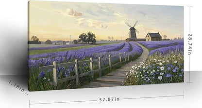 amatop Oversized Wall Picture for Living Room Farmhouse Purple Lavender Artwork Pastoral Countryside Scenery Daisy Flowers Floral Canvas Prints Panoramic Sunset Landscape Picture Bedroom 58x29 In