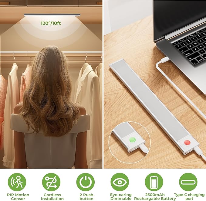 12in Under Cabinet Lights,90 LEDs,USB-C 2500mAh Rechargeable Battery,3 Color Temperature,Dimmable,Motion Sensor Cordless Under Counter Light for Wardrobe,Cupboard,Kitchen,Stairs(2pack 3CCT)