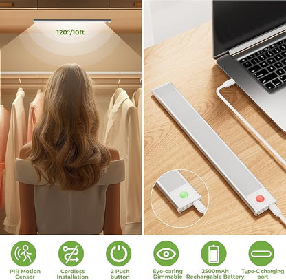 12in Under Cabinet Lights,90 LEDs,USB-C 2500mAh Rechargeable Battery,3 Color Temperature,Dimmable,Motion Sensor Cordless Under Counter Light for Wardrobe,Cupboard,Kitchen,Stairs(2pack 3CCT)