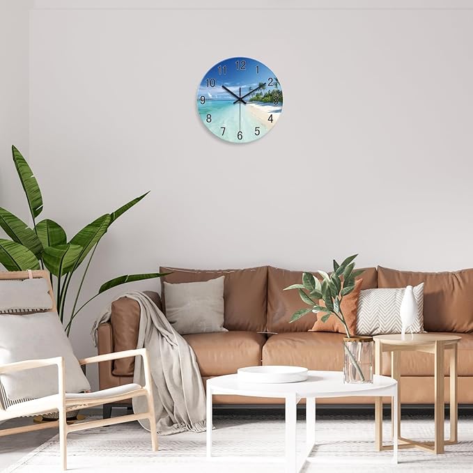 XFM Summer Beach Wall Clock 12 Inch Silent Non-Ticking Battery Operated Glass Clocks Tropical Hawaii Coastal Wall Clock for Living Room Bedroom Home Office Decor