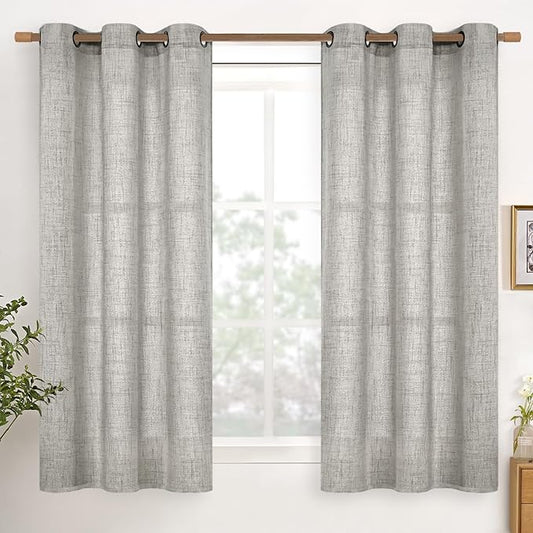 YoungsTex Linen Curtains 54 Inches Length for Short Living Room, Dark Grey Semi Sheer Window Drapes Light Filtering with Bronze Grommet for Bedroom Kitchen Bathroom, 2 Panels, 42 X 54 Inch