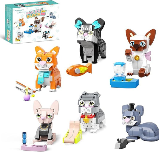 6pack Party Favors Mini Cats Building- Compatible with Lego Cute Animal, Adorable Animals Building Sets, Party Favors Birthday Gift for Kids 8-12 (773 PCS)