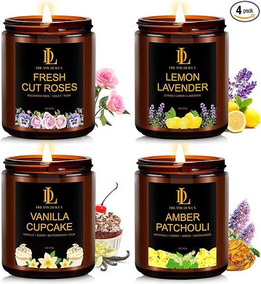 4 Pack Candles for Home Scented, 28 oz Soy Aromatherapy Candle Set, Holiday Valentine's Day Candle Gifts for Women, Scents of Fresh Cut Roses/Lemon Lavender/Vanilla Cupcake/Amber Patchouli