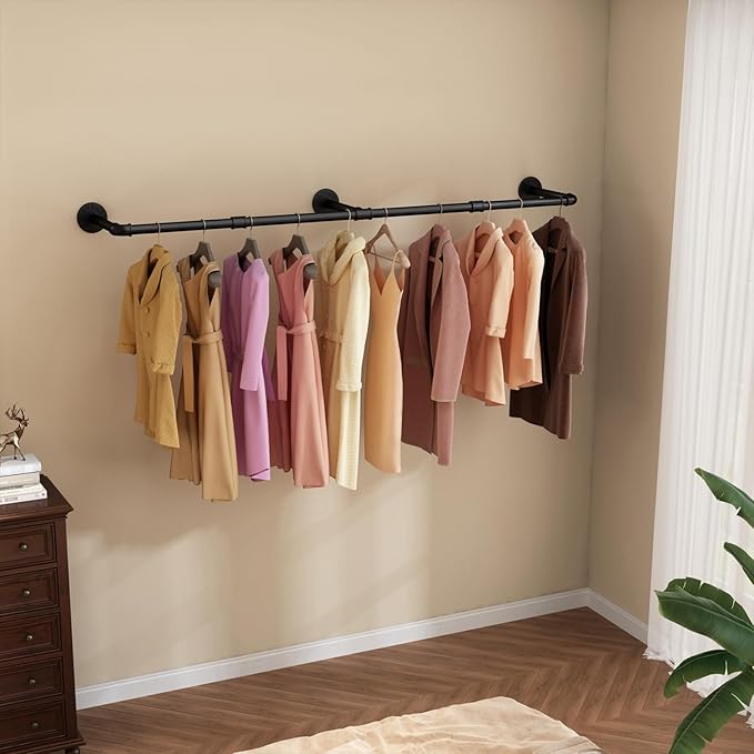 Wall Mounted Clothes Rack 60in, Industrial Pipe Clothing Racks Wall Mount, Heavy Duty Detachable Iron Garment Bar, Saving Space, Multi-Purpose Hanging Rod for Bedroom, Laundry Room, 1 Pack