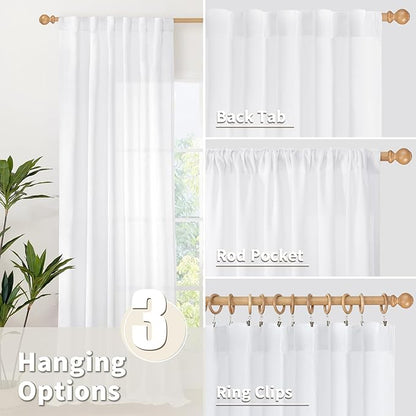 YoungsTex Extra Long White Linen Curtains 108 Inch Length for Living Room, Light Filtering Window Drapes with Rod Pocket Back Tab Semi Sheer Pirivacy for Dining Bedroom, 2 Panels, 52 X 108 Inch