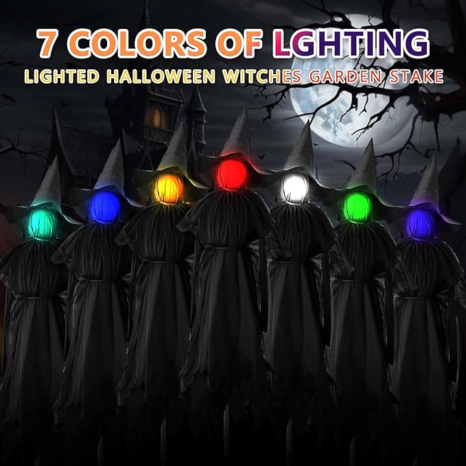 Halloween Witches Outdoor, 3 Light Up Witches Holding Hands with Stakes, Witch Decorations with Glowing Face for Yard Garden Outside Lawn Porch