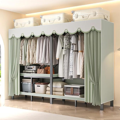 Foldable Portable Wardrobe Closet with Cover, Heavy Duty Clothing Rack for Hanging Clothes has 59in Vertical Storage Space, Coffee Metal Garment Rack (Green, 84.5in)