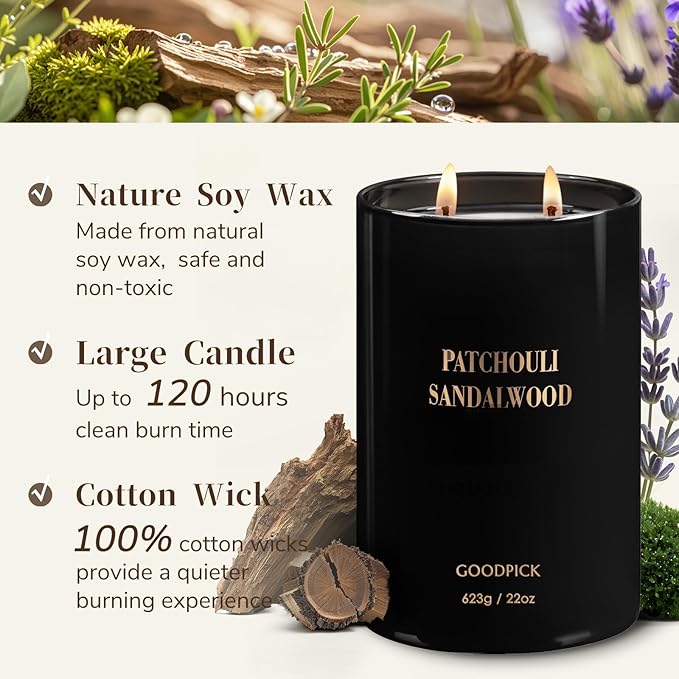 Goodpick Candles Patchouli Sandalwood, Fathers Day Gift, Soy Wax for Home Scented, 22oz 120 Hours Burn, Aromatherapy