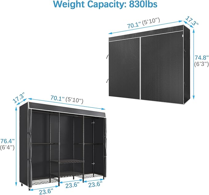 VIPEK V5C SE Garment Rack Wardrobe Closet, Heavy Duty Clothes Rack with Adjustable Shelves and Black Cover, Black Metal Closet Racks Clothing Storage Organizer for Bedroom, 70.1" Lx17.3 Wx76.4 H