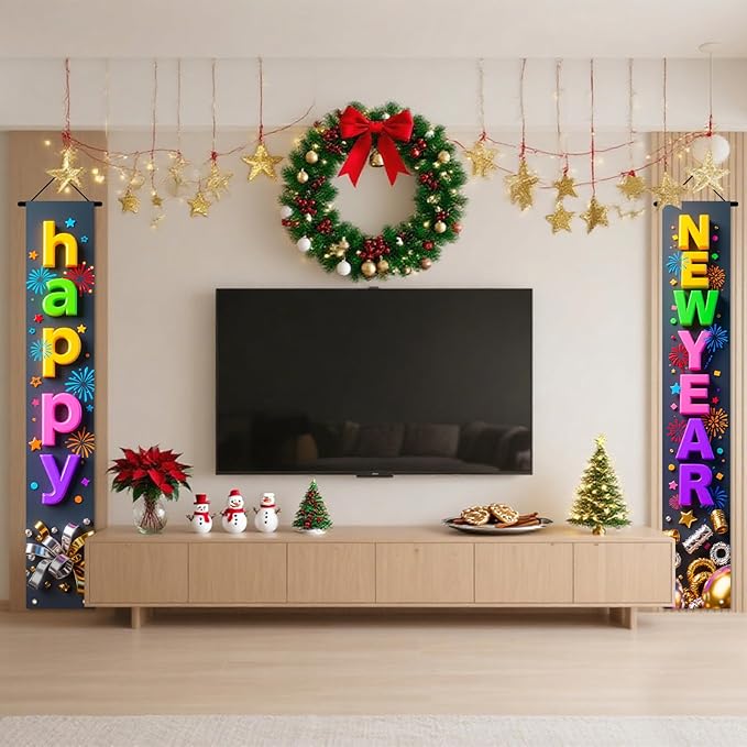 Nuxovilar Happy New Year Banner, 70.86" x 11.81" Colorful Letters Black Background Hanging Decorations for Outdoor Indoor Home Wall