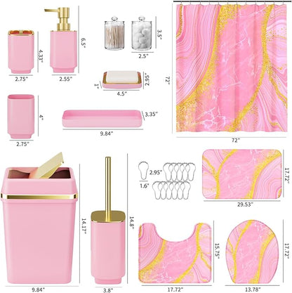 25PCS Bathroom Accessory Set, Pink Bathroom Set with Large-Capacity 4 Gallon Trash Can,Bathroom Rugs Set, Waterproof Shower Curtain, Toilet Brush, Toothbrush Holder & Soap Dispenser