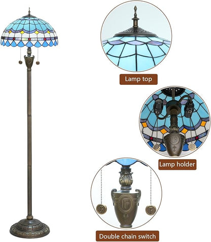 Tiffany Floor Lamp Blue Mediterranean Style Stained Glass Floor Light Bright Lighting Rustic Standing Lamp Vintage Unique Bronze Reading Corner Lamp for Home Decor Living Room Bedroom 16X16X64 Inches