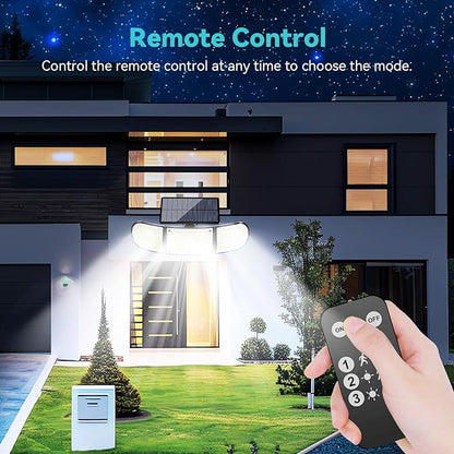 Solar Outdoor Lights, 3000LM 218 LED Motion Sensor Lights with Remote Control, IP65 Waterproof,270° Wide Angle Flood Wall Lights with 3 Modes for Outside Patio Wall(2 Packs)