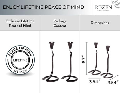 RTZEN Decorative Taper Candle Holders - Modern Wrought Iron Blacksmith Large Farmhouse Candlestick Holders Stand 2 Pack Set - Black Tall Candle Holder for Table Centerpieces at Home or Events