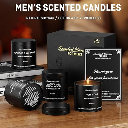 Men's Scented Candle Sets | 4 Pack Aromatherapy Candles Gift in Matte Black Tins for Christmas,Father | Soy Wax Manly Candles of Amber Patchouli,Rum&Oak,Teawood&Mahogany,Magnolia&Sandalwood