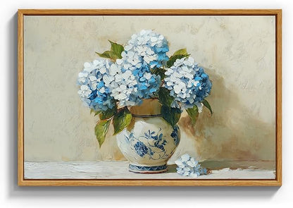 InSimSea Vintage Framed Canvas Art, Vintage Blue Hydrangea Painting, Hand-Painted Floral Textured Artwork for Dining Living Room Hallway,16x24in,Classical Still Life Wall Shelf Decor Aesthetic