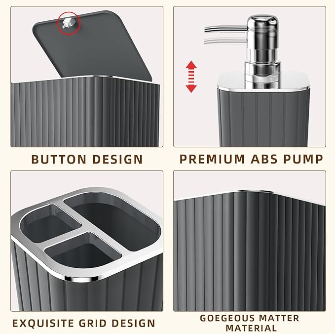 Bathroom Accessories Set - Gorgeous Grey Bathroom Set, 10PC Bathroom Accessory Set, Gray Bathroom Accessories Set, Trash Can, Qtip Holder Dispenser & Soap Dispenser