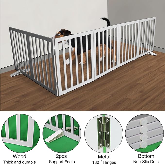 Dog Gate Indoor, Freestanding Dog Fence for The House, Doorways, Hallways,or Stairs,Pet Gate Foldable Wooden,Expandable 24" Height 6 Panels,Grey