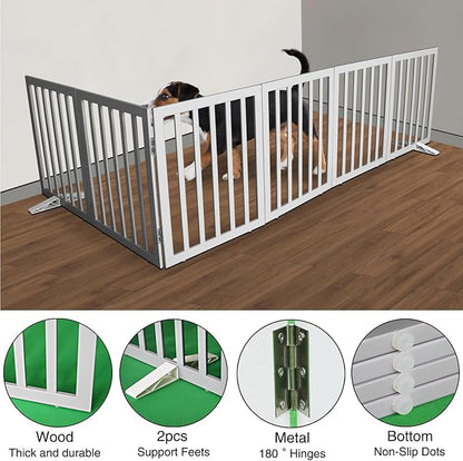 Dog Gate Indoor, Freestanding Dog Fence for The House, Doorways, Hallways,or Stairs,Pet Gate Foldable Wooden,Expandable 24" Height 6 Panels,Grey