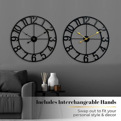 CLXEAST 24 Inch Wall Clocks for Living Room Decor, Large Black Metal Wall Clock Battery Operated, Silent/Non Ticking, Regular Arabic Numeral