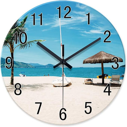 XFM Summer Beach Wall Clock 12 Inch Silent Non-Ticking Battery Operated Glass Clocks Tropical Hawaii Coastal Wall Clock for Living Room Bedroom Home Office Decor