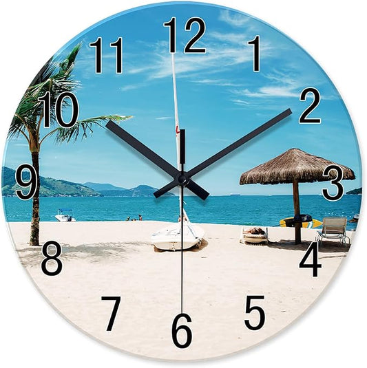 XFM Summer Beach Wall Clock 12 Inch Silent Non-Ticking Battery Operated Glass Clocks Tropical Hawaii Coastal Wall Clock for Living Room Bedroom Home Office Decor