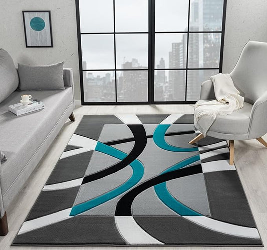 Ultra Soft Area Rug - Modern Abstract Design for Living Room & Bedroom - Foldable, Stain Resistant, Easy to Clean - (8x11, Turquoise)