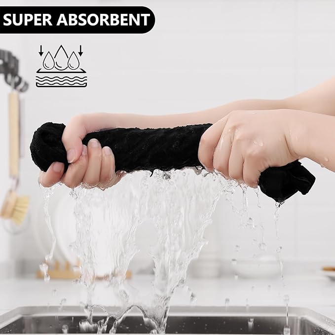 Fintale 100% Cotton Kitchen Towels and Dishcloths Set, 12 x 12 & 15 x 25 Inches, Set of 10 Bulk Super Soft and Absorbent Terry Cloth Dish Towels, Quick Drying Hand Towels with Hanging Loop, Black