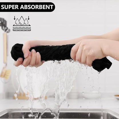 Fintale 100% Cotton Kitchen Towels and Dishcloths Set, 12 x 12 & 15 x 25 Inches, Set of 10 Bulk Super Soft and Absorbent Terry Cloth Dish Towels, Quick Drying Hand Towels with Hanging Loop, Black
