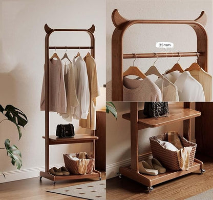 Solid Wood Clothes Rack for Hanging Clothes, Rolling Clothing Racks with Shelves, Portable Closet Organizer on Wheels Garment Rack (Walnut)