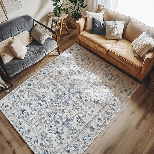 jinchan Machine Washable Area Rugs 4x6 - Vintage Floral Stain Resistant Low Pile Ultra-Thin Non Slip Accent Rug for Bedroom Living Room Kitchen Dining Room Entryway (4x6ft,Blue)